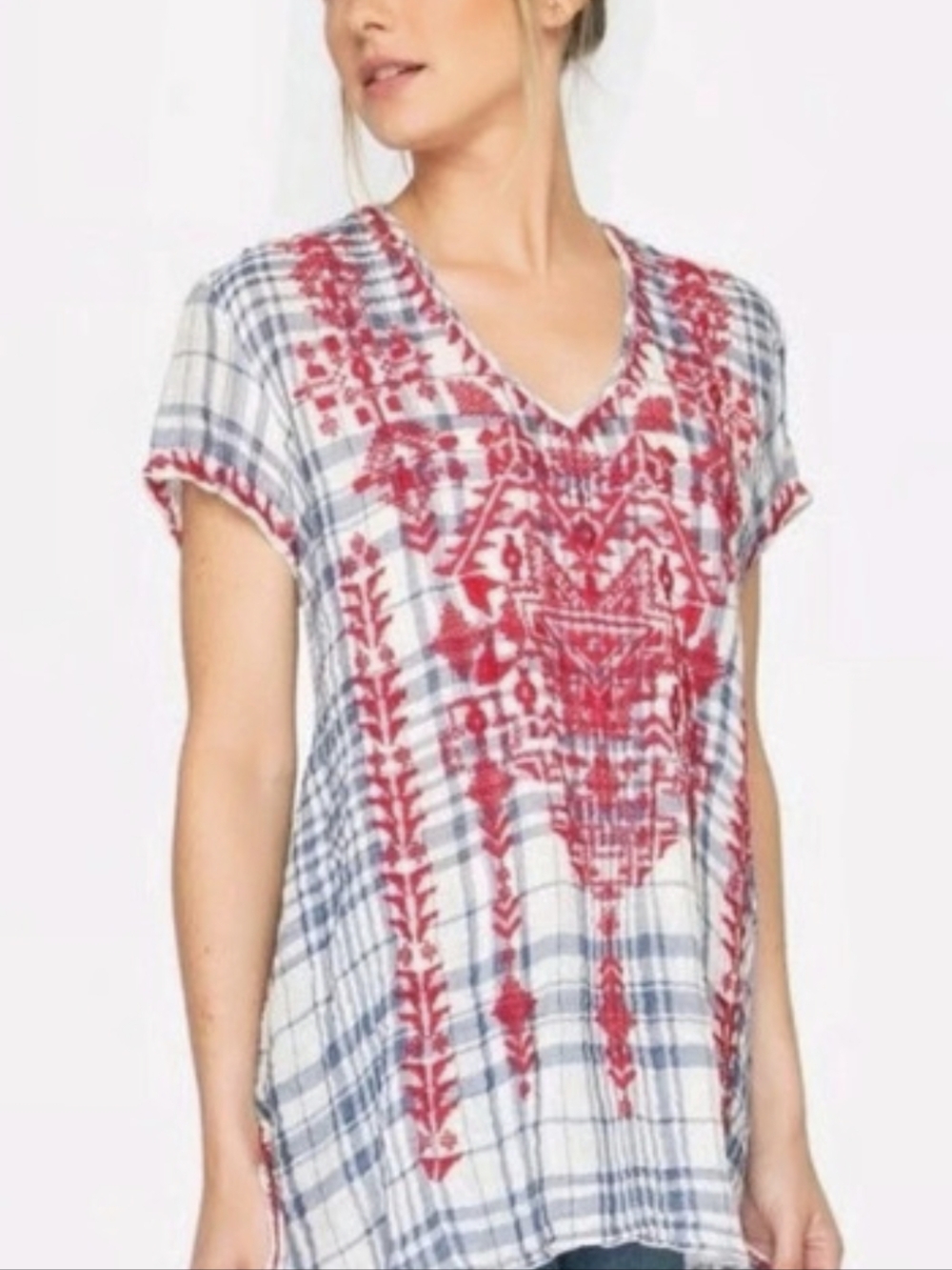 Johnny Was Workshop Embroidered Plaid Tunic in White & Blue